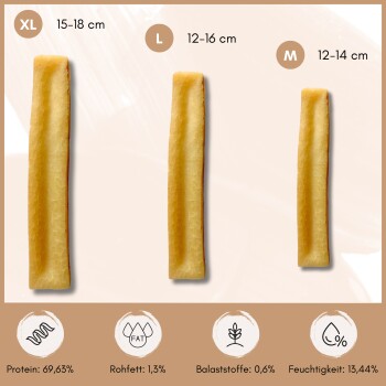 Drei Hundekau-Sticks in den Größen XL (15-18 cm), L (12-16 cm), M (12-14 cm) mit 69,63% Protein, 1,3% Fett, 0,6% Ballaststoffen, 13,44% Feuchtigkeit.