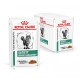 Royal Canin Veterinary Satiety Weight Management Katzenfutterbeutel mit dünnen Scheiben in Soße, mit einem Bild einer Katze auf der Vorderseite.