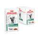 Royal Canin Veterinary Satiety Weight Management Katzenfutterbeutel mit dünnen Scheiben in Soße, mit einem Bild einer Katze auf der Vorderseite.