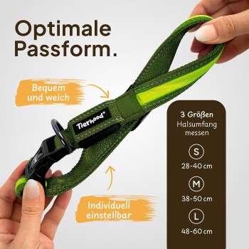 Grüner verstellbarer Tierhalsband mit weicher Textur, beschriftet mit 'Tierhood', mit Größenoptionen S, M, L und Maßen in cm.