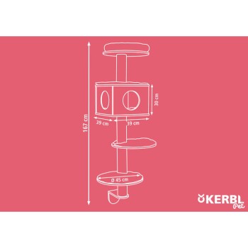Ilustracja drzewka dla kota z wymiarami: wysokość 167 cm, szerokość 39 cm i średnica podstawy 45 cm, z kwadratową kryjówką i dwiema platformami.