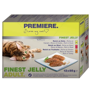 Kattenvoer verpakking met een speelse tabby kat, gelabeld 'PREMIERE. Ik hou van mijn kat,' met 'FINEST JELLY ADULT' en verschillende vleessmaken.