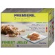 Emballage de nourriture pour chat mettant en vedette un chat tigré joueur, étiqueté "PREMIERE. J'aime mon chat," avec "FINEST JELLY ADULT" et diverses saveurs de viande.