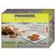 Katzenfutterverpackung mit einer verspielten getigerten Katze, beschriftet mit 'PREMIERE. Ich liebe meine Katze,' mit 'FINEST JELLY ADULT' und verschiedenen Fleischgeschmäckern.