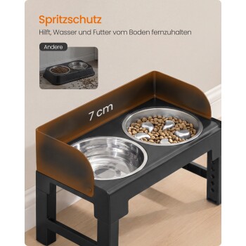 Erhöhter schwarzer Futternapf für Haustiere mit zwei Edelstahlnäpfen und braunem 7-cm-Spritzschutz; sichtbarer Text 'Spritzschutz'