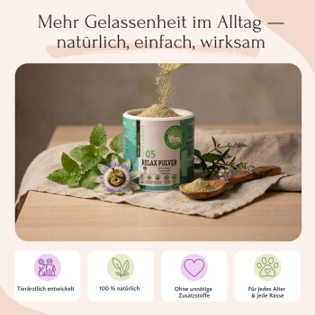 Eine Frau hält einen Beagle im Freien zwischen Grün, mit Sprechblasen, die Produktvorteile auf Deutsch hervorheben.