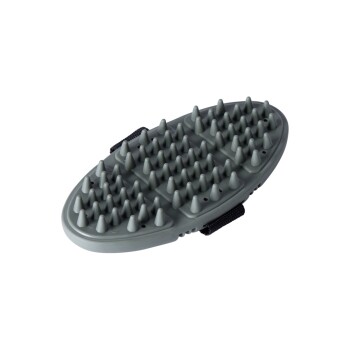 Eine graue Haustierpflegebürste mit Gummispitzen, die zum Massieren und Reinigen des Haustierfells entwickelt wurde, mit zwei schwarzen Riemen für den Griff.