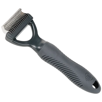 A black pet grooming tool with a curved handle and a serrated metal edge for removing loose fur from animals.