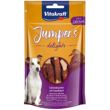 Vitakraft Jumper's Delights Hundeleckerlipackung, die einen weißen Hund zeigt, gekennzeichnet als getreidefrei, zuckerfrei, mit Calciumknochen und Entenfleisch.