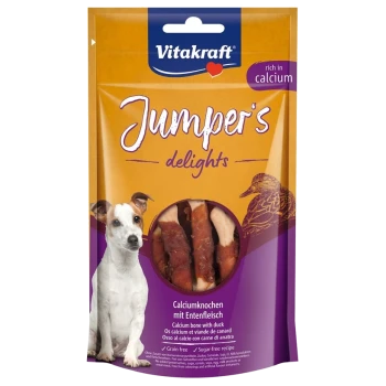Vitakraft Jumper's Delights Hundeleckerlipackung, die einen weißen Hund zeigt, gekennzeichnet als getreidefrei, zuckerfrei, mit Calciumknochen und Entenfleisch.