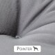 Nahaufnahme eines weichen grauen Hundebetts mit gepolstertem Stoff, beschriftet mit "Pointer" und einer Silhouette eines Hundes.