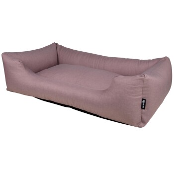 Ein plüschiges, rechteckiges Haustierbett aus weichem rosa Stoff mit erhöhten Seiten für Komfort, mit einem schwarzen Boden und einem kleinen Markenschild.