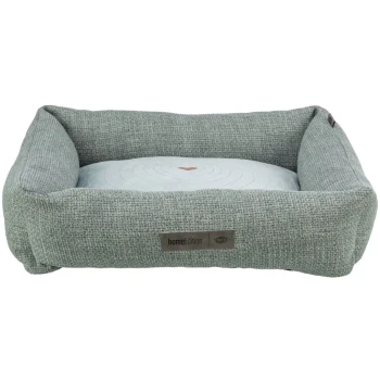 Graues Haustierbett mit erhöhten Seiten und einem weichen, runden Kissen mit Herzdesign, beschriftet mit 'homeEdition.'