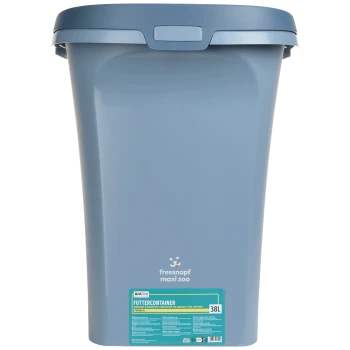 Blauwe 38L huisdiervoercontainer met deksel, gelabeld "Futtercontainer" van Fressnapf Maxi Zoo.