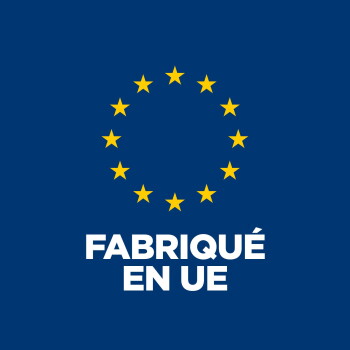 Fond bleu avec un cercle de 12 étoiles jaunes de l'UE au-dessus du texte blanc « FABRIQUÉ EN UE » (Fabriqué dans l'UE).