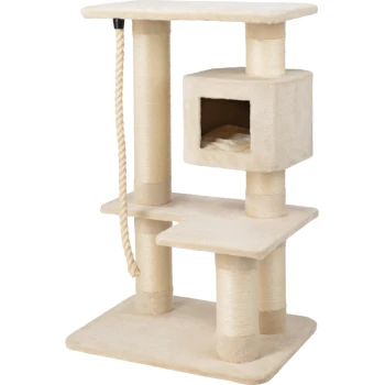 Arbre à chat beige avec deux plateformes, une cachette confortable et une corde en sisal pour gratter. Idéal pour grimper et se reposer.