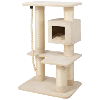 Ein beiger Katzenbaum mit zwei Plattformen, einem gemütlichen Versteck und einem Sisal-Seil zum Kratzen. Ideal zum Klettern und Ausruhen.