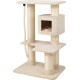 Ein beiger Katzenbaum mit zwei Plattformen, einem gemütlichen Versteck und einem Sisal-Seil zum Kratzen. Ideal zum Klettern und Ausruhen.