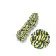 Gelb-blau gestreiftes Seilspielzeug für Haustiere, mit einer Nahaufnahme, die die Textur und Verdrehung des Seils zeigt.