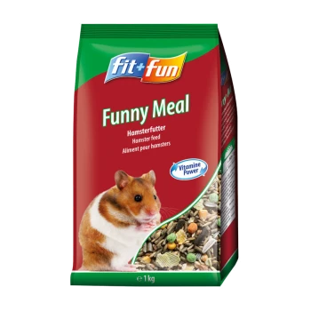 A bag of "Funny Meal" hamster feed from fit+fun, featuring a close-up of a hamster on the front, with text in English, German, and French.
