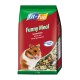 A bag of "Funny Meal" hamster feed from fit+fun, featuring a close-up of a hamster on the front, with text in English, German, and French.