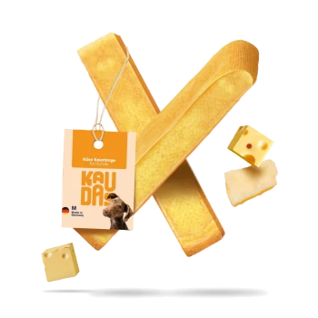 Käse-Kaustange für Hunde, Größe L, mit einem Etikett, das "Käse Kaustange für Hunde" und "Hergestellt in Deutschland" liest.