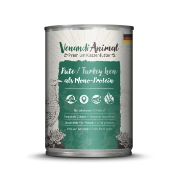 Dose mit Venandi Animal Premium Katzenfutter, das Truthahn als Monoprotein enthält, mit Text, der natürliche Zutaten und Getreidefreiheit hervorhebt.