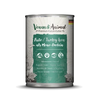 Boîte de nourriture pour chat premium Venandi Animal avec de la dinde comme mono-protéine, avec un texte mettant en avant des ingrédients naturels et sans céréales.