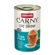 Une canette de boisson pour chat Animonda Carny avec un chat buvant dans un bol, étiquetée "mit Thunfisch" (avec thon) et "ohne Milch" (sans lait), 140ml.