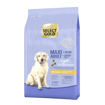 Light Maxi Adult Huhn 12kg Select Gold Hundefutterbeutel, beschriftet mit "MAXI ADULT Light," geeignet für Hunde über 25 kg, mit Huhn als Hauptzutat.