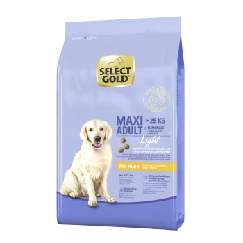 Select Gold Hundefutterbeutel, beschriftet mit "MAXI ADULT Light," geeignet für Hunde über 25 kg, mit Huhn als Hauptzutat.