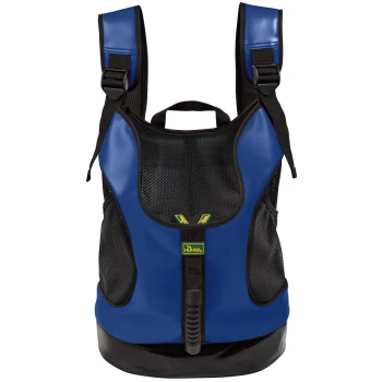 Blauer Haustiertrage-Rucksack mit Netzpaneelen, verstellbaren Riemen und einem Griff, entworfen für Komfort und Belüftung.