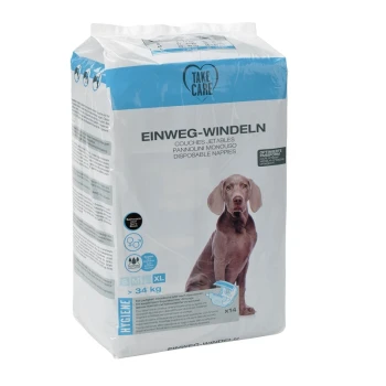 Packung "Take Care" Einweg-Hundewindeln, Größe XL für Hunde über 34 kg, mit einer großen Hundillustration und mehrsprachigem Text.