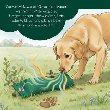 Hund kaut und zerreißt ein grünes Spielzeug mit roten X-Markierungen und deutschem Text mit Warnung „Kein Kau-, Beiß- oder Zerrspielzeug“.