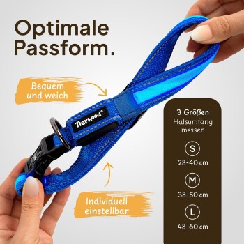 Blaue verstellbare Haustiergeschirr mit einem Etikett, das 'Tierhood' liest, mit Text über optimale Passform, Komfort und Größenmessungen.