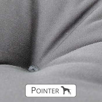 Nahaufnahme eines weichen, grauen Haustierbettes mit einem strukturierten Stoff, mit dem Markennamen "Pointer" und einer Silhouette eines Hundes.