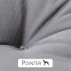 Nahaufnahme eines weichen, grauen Haustierbettes mit einem strukturierten Stoff, mit dem Markennamen "Pointer" und einer Silhouette eines Hundes.