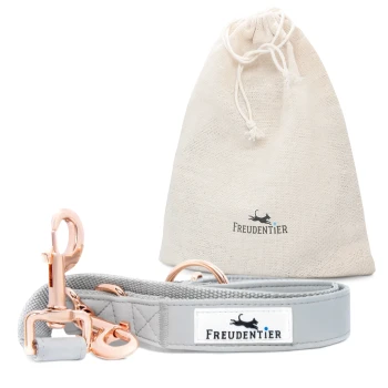 Eine graue Hundeleine mit roségoldenen Clips und einem weißen Etikett mit der Aufschrift "Freudentier", neben einem beigen Zugbeutel mit demselben Logo.