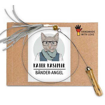 Kater Kasimir Premium Katzenangel mit handgemachtem Anhänger aus lustigen Bändern