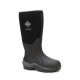 Schwarze wasserdichte Muck Arctic Sport Stiefel mit einer strukturierten Sohle und Logo, entworfen für kaltes Wetter und Outdoor-Aktivitäten.