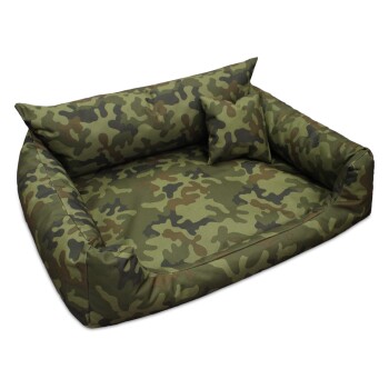 Haustierbett mit Camouflage-Muster und erhöhten Seiten sowie einem kleinen passenden Kissen, das für Komfort und Stil entworfen wurde.