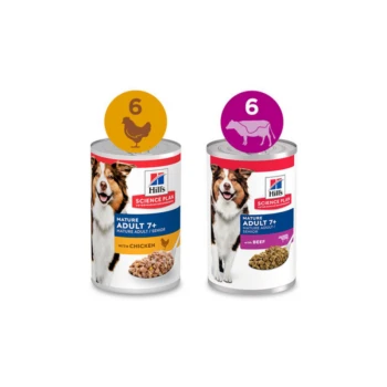 Blikken van Hill's Science Plan hondenvoer voor volwassen honden, met smaken met kip en rundvlees, elk gelabeld met een nummer 6.