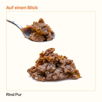 Bild von Tiernahrung mit einem Löffel Rindfleischpüree über einem Haufen des gleichen Produkts, beschriftet mit "Rind Pur" und dem Text "Auf einen Blick."
