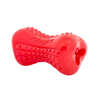 Jouet à mâcher pour chien en caoutchouc rouge en forme d'os avec prise texturée et le mot « royal » embossé dessus.