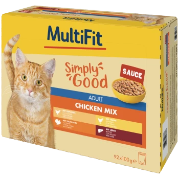 MultiFit 'Simply Good' Katzenfutterkarton mit orangegetigertem Kater, 'SAUCE'-Napfabbildung und der Aufschrift 'Adult Chicken Mix' (92x100g).