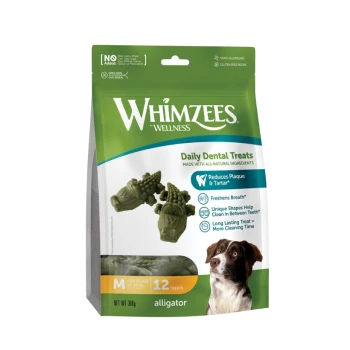 Opakowanie Whimzees Wellness Daily Dental Treats z zielonymi przysmakami w kształcie aligatora, 'Reduces Plaque & Tartar', 12 przysmaków