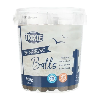 Be Nordic Balls mit Lachs 500g Trixie Be Nordic Balls Haustierleckerlis, 500g Behälter, mit Lachs-Geschmack, glutenfrei, mit dem Etikett "0% Zuckerzusatz."