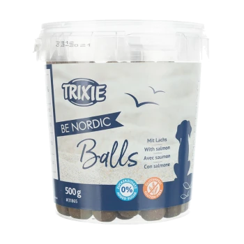 Friandises pour animaux Trixie Be Nordic Balls, contenant 500g, avec saveur de saumon, sans gluten, étiquetées '0 % de sucre ajouté.'