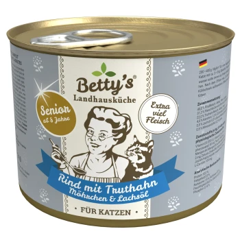 SENIOR Katze Rind mit Truthahn, Möhrchen & Lachsöl 6x200 g Dosenkatzenfutter mit dem Etikett "Betty's Landhausküche", das Rindfleisch mit Pute, Karotten und Lachsöl enthält, speziell für ältere Katzen.