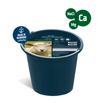 Ein dunkelblauer Eimer mit der Aufschrift "PANTO MINERAL-LECKMASSE" für Schafe, Ziegen und Wildtiere, mit einem Nahaufnahmebild eines Schafsgesichts.